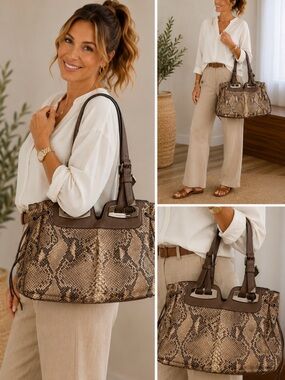 Francesco Biasia Brown Snake-Print Shoulder Bag